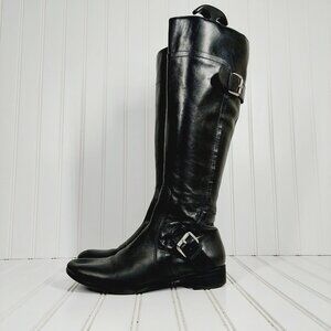 Nine West Sookie Black Leather Zip Block Heel Casual Knee High Boots D264